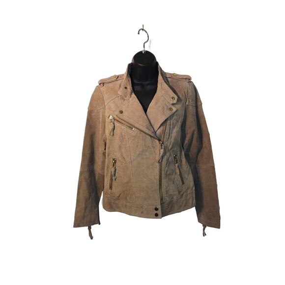MNG Mango Suede Leather Moto Biker Jacket Women's Size S Tan Beige Zip Up - Picture 1 of 9
